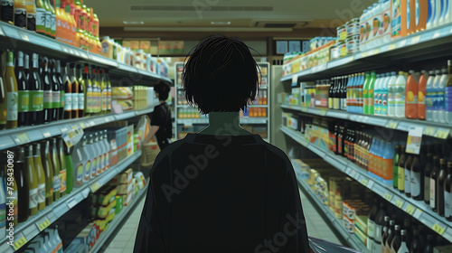 The image depicts a person standing in a well-stocked grocery store aisle. The individual is seen from behind, wearing a dark-colored sweater and carrying a bag over their shoulder.