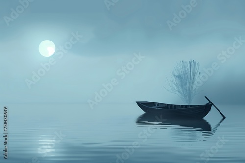 Surreal Boat with Feather Oars on Tranquil Waters Under a Misty Moon, Symbolic of Peace and Solitude