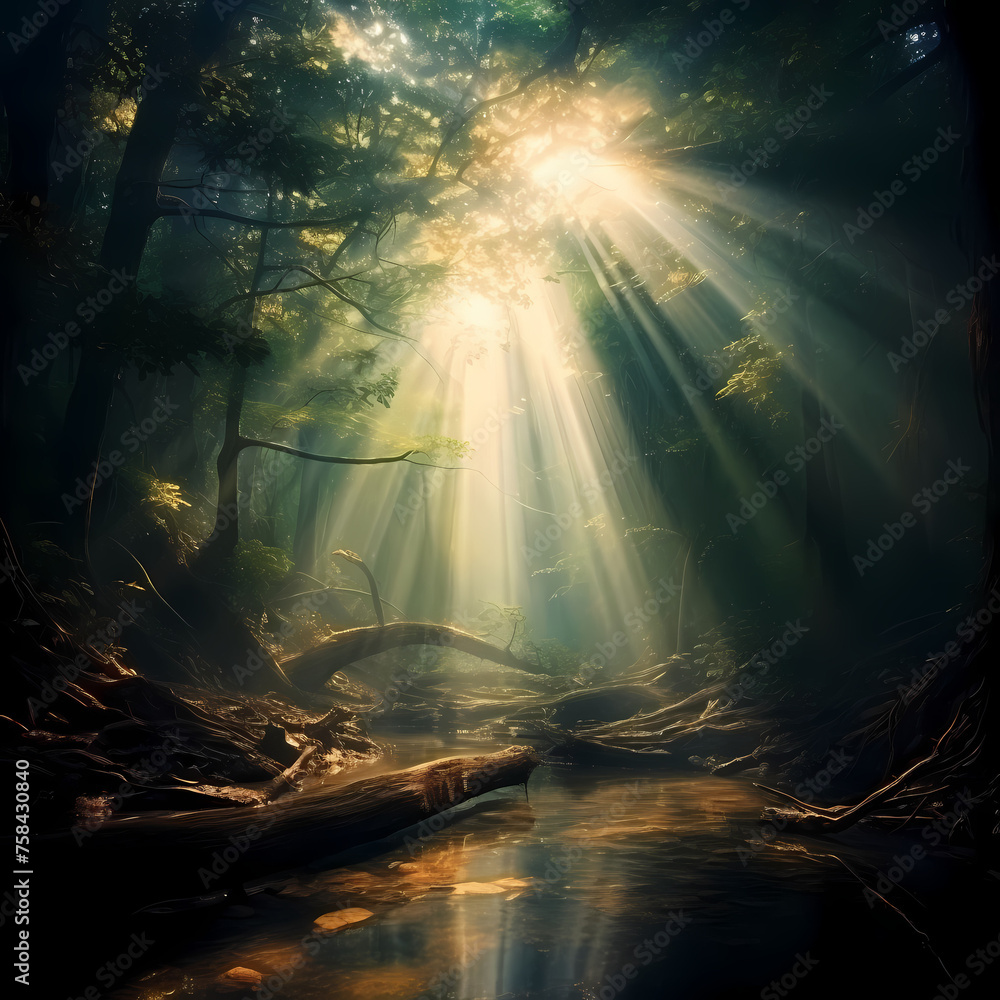 Mysterious forest with shafts of light breaking through the canopy