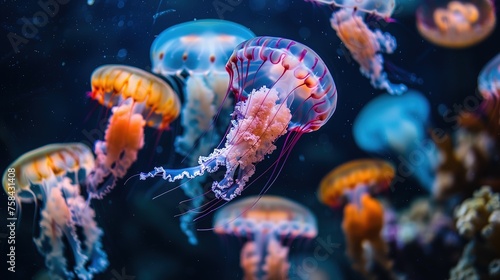 Colorful jellyfish swimming in the dark sea. A cluster of jellyfish drifts in the ocean, their translucent bodies gently moving with the currents ai generated high quality images