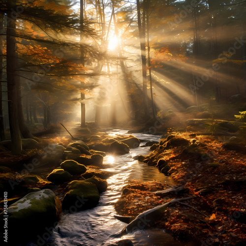 Sunlight streaming through autumn leaves in a forest