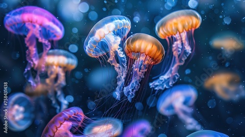 Colorful jellyfish swimming in the dark sea. A cluster of jellyfish drifts in the ocean, their translucent bodies gently moving with the currents ai generated high quality images © SazzadurRahaman