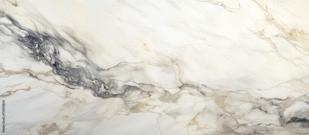 A close up of a white marble counter top resembling snowcovered bedrock, with intricate veining like frozen water. A blend of nature and art in this landscapeinspired design