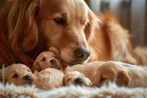 Golden retriever with puppies lying down