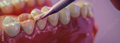 A macro shot of a dental practice with a dental tool delicately applying a substance to prosthetic teeth, emulating the intricacy of dental procedures. Banner. Copy space photo