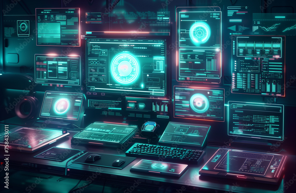 A computer monitor displays a number of screens, including a green circle