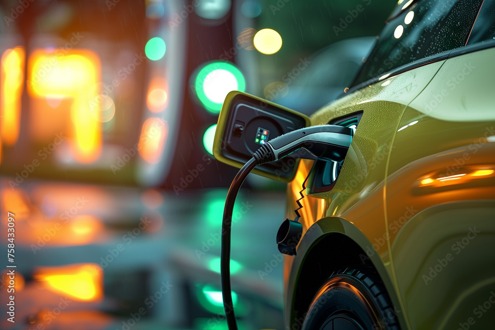 A yellow car is charging at a charging station A yellow car is charging at a charging station