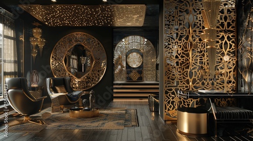 A luxury black and gold home interior with a fractal design, featuring intricate patterns and shapes