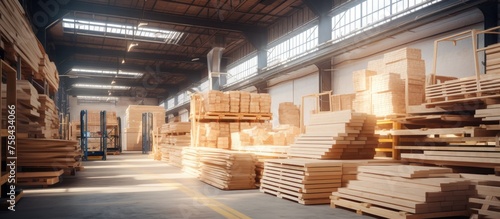 A spacious warehouse stacked with wooden pallets and boxes  showcasing a variety of building materials like hardwood  composite materials  and bricks
