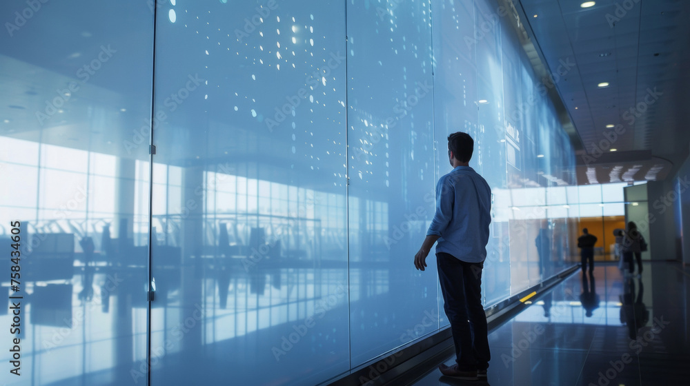 A man stands in front of a smart glass partition his hand resting on the surface as he remotely adjusts the opacity to create a private meeting space within a bustling airport A man stands in front of a smart glass partition his hand resting on the surface as he remotely adjusts the opacity to create a private meeting space within a bustling airport