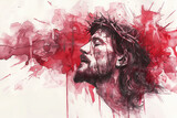Red splash watercolor sketch painting of the face of Jesus Christ