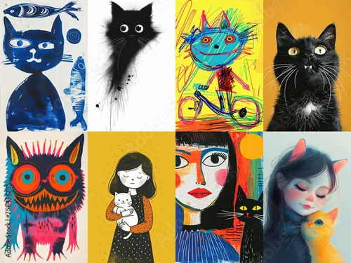 Fototapeta Collection of cats, illustration made with Generative AI