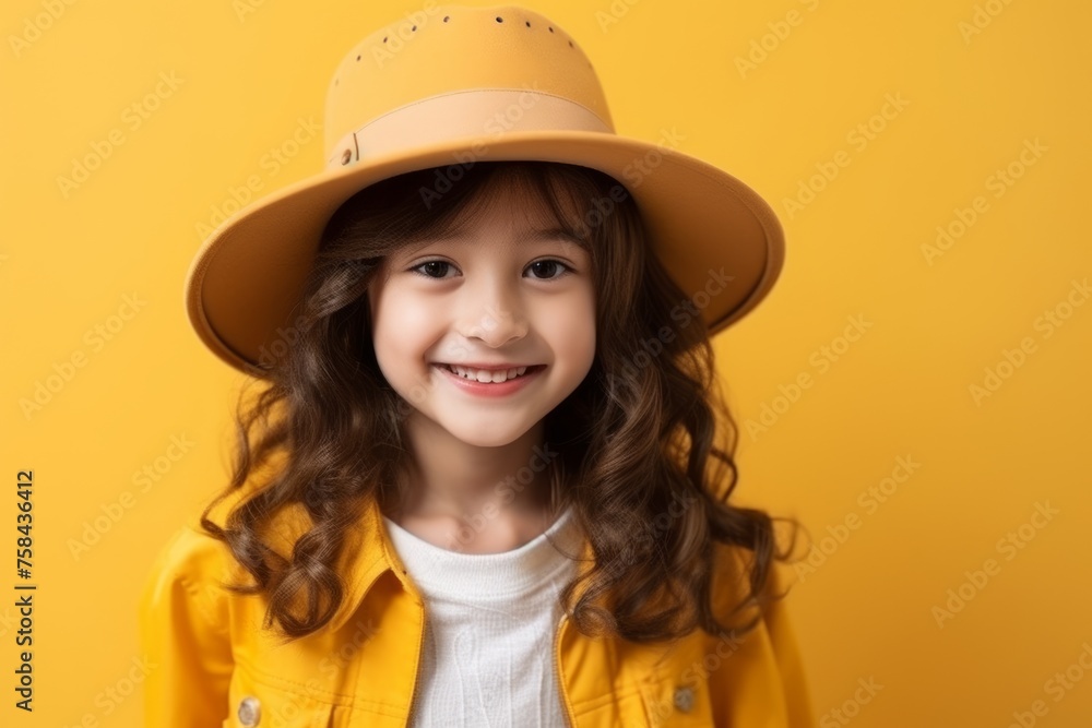 Portrait of a beautiful smiling little girl in yellow hat over yellow background Portrait of a beautiful smiling little girl in yellow hat over yellow background