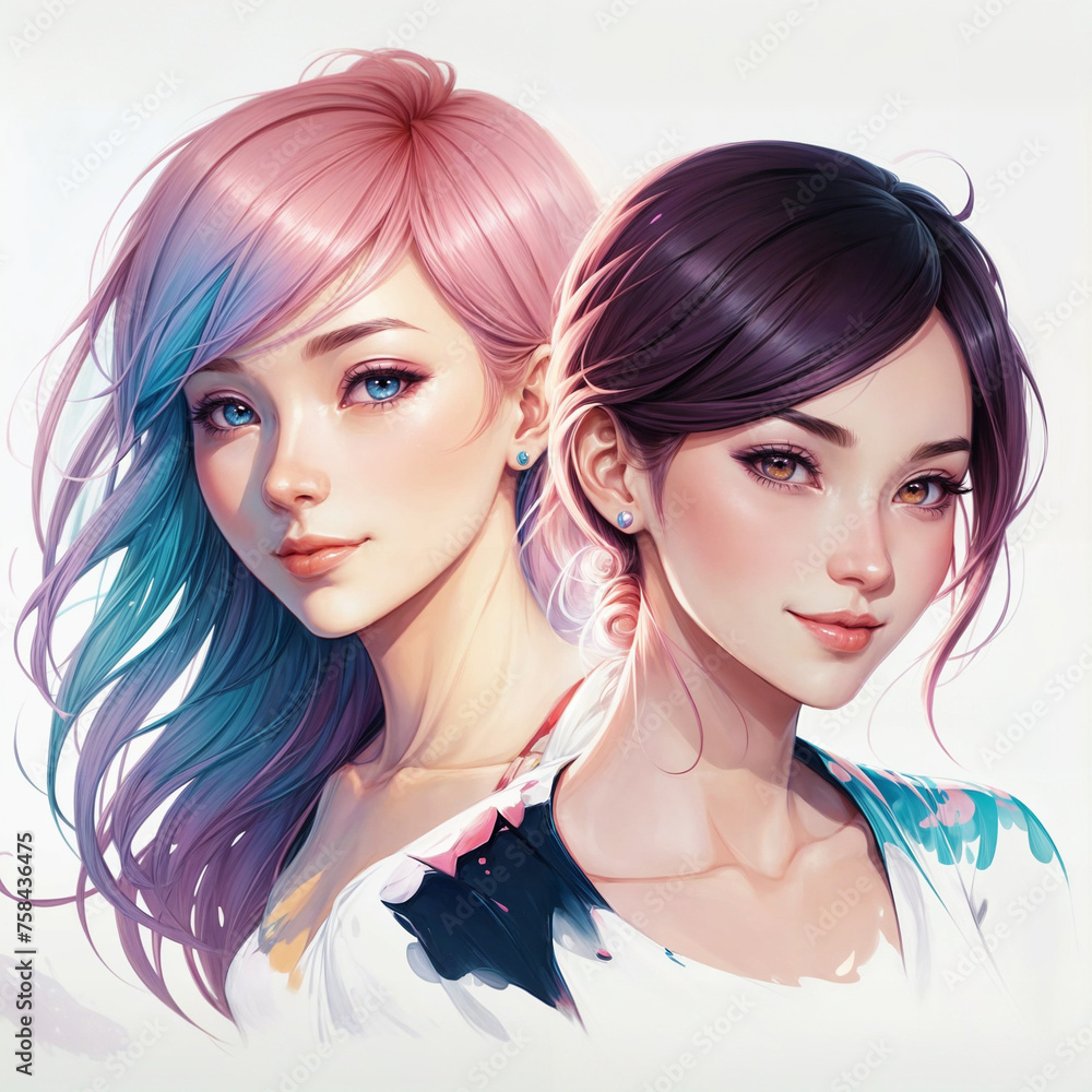 Portrait of two young women. Friends, sisters. Illustration isolated on light background