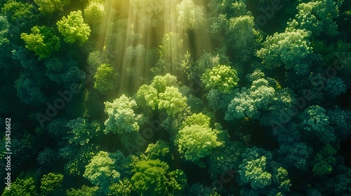 Green tree forest with sunlight through green leaves. Natural carbon capture and carbon credit concept. Sustainable forest management. Trees absorb carbon dioxide. Natural carbon sink. Environment day © Ziyan
