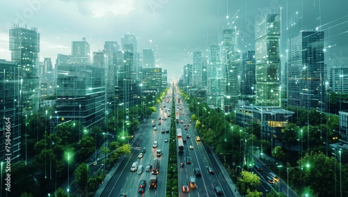 Smart city street scene, highlighting efficient smart grids, sustainable technology, and interconnected transportation systems