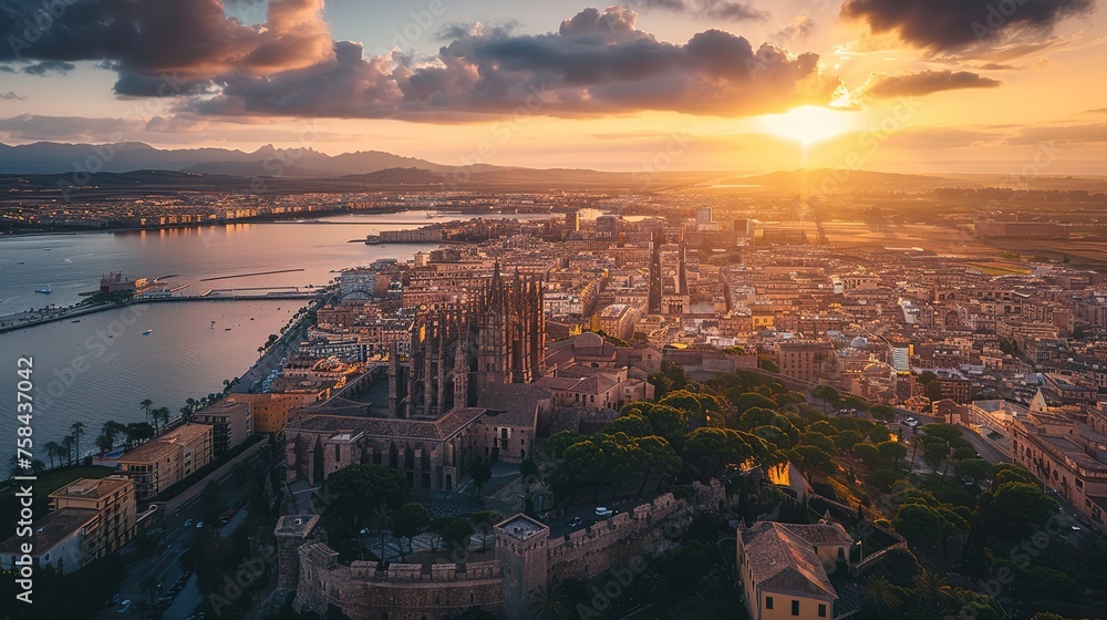 Stunning aerial view of Palma de Mallorca, showcasing its historic architecture and vibrant cityscape under a soft