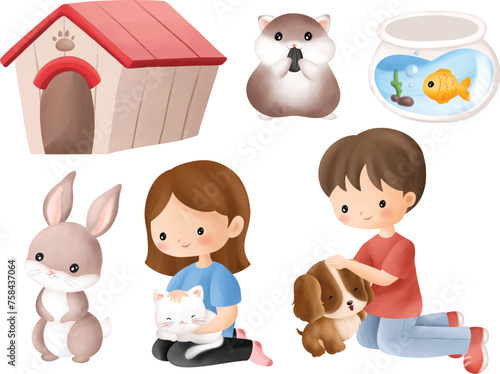 Watercolor Illustration set of Kids with Pets © Stella