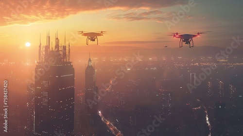 Two drones hover over a city at dawn, capturing the essence of modern urban life and technology.