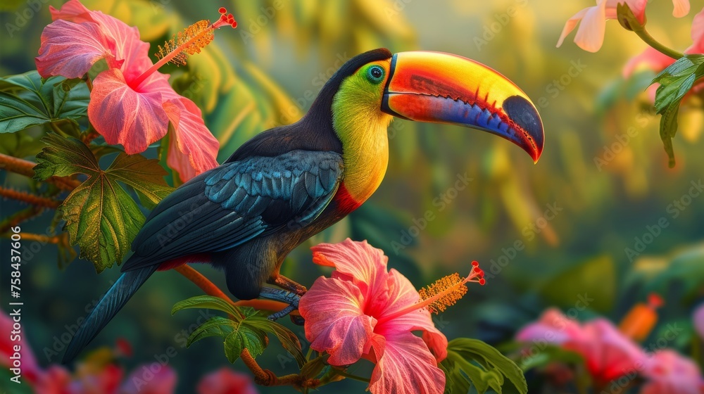 Fototapeta premium Toucan perched on a branch in a colorful tropical setting with hibiscus flowers.