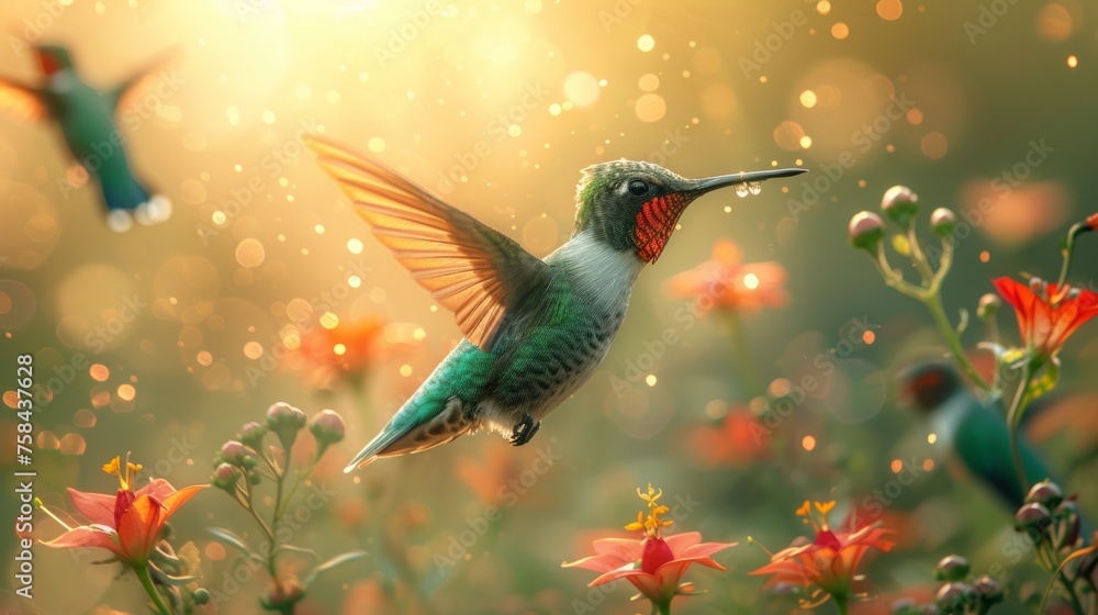 Obraz premium A hummingbird hovers mid-air among vibrant flowers with sunlight speckles.