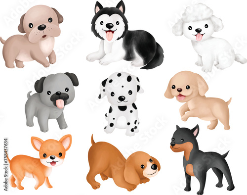 Watercolor Illustration set of Cute Dogs © Stella