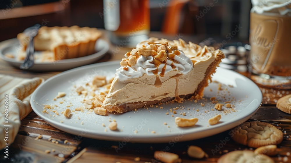 Generative AI image of a slice of peanut butter pie with whipped cream topping and crushed peanuts, served on a plate with a background setting of a beverage and cookies generative ai Generative AI image of a slice of peanut butter pie with whipped cream topping and crushed peanuts, served on a plate with a background setting of a beverage and cookies generative ai