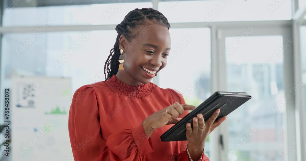 Black woman, office and laugh with tablet for social media or post for ...