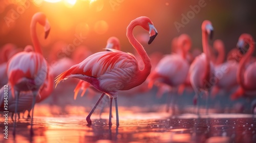 Flamingos feeding in shallow waters at sunset with warm light casting reflections.