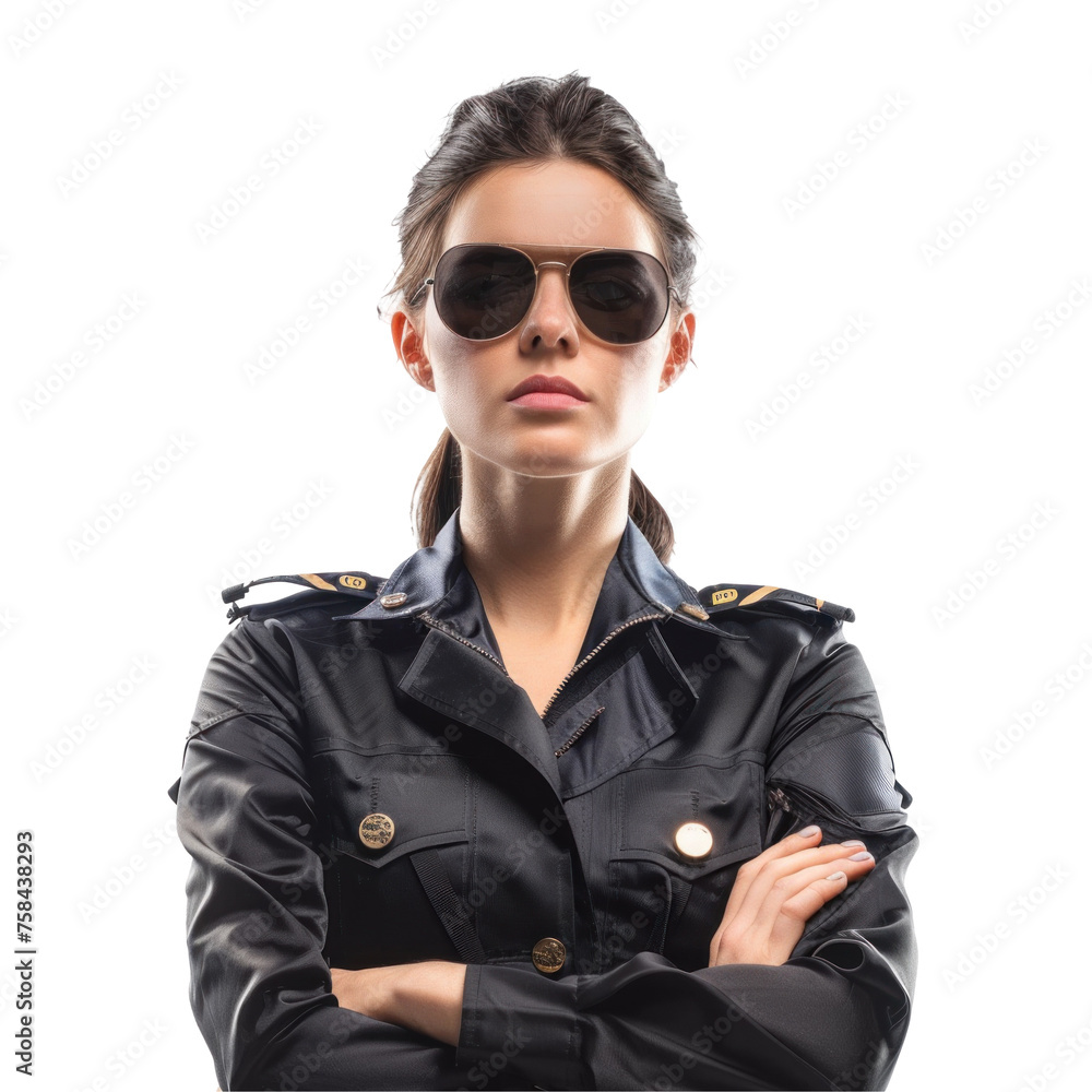 Serious female pilot in uniform and sunglasses, arms crossed. png file of isolated cutout object without shadow on transparent background. Serious female pilot in uniform and sunglasses, arms crossed. png file of isolated cutout object without shadow on transparent background.