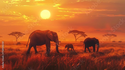 Wallpaper background of Elephants roam freely in the golden glow of the setting sun amidst the vast savanna landscape of Kenya. Generative AI