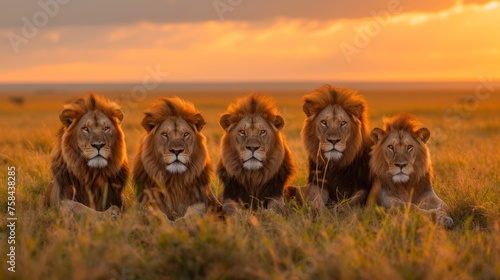  Group of lions lying in grassland during golden hour.
