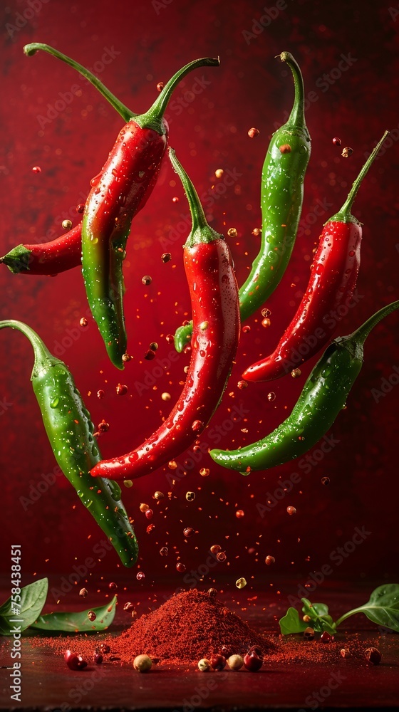 Hot chili peppers on a red background, falling in the air. Hot chili peppers on a red background, falling in the air.