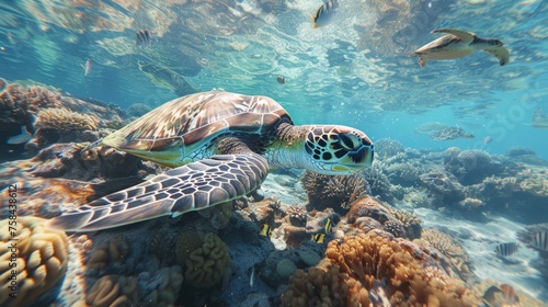 Turtle exploring a vibrant coral reef  a peaceful moment in an underwater world.