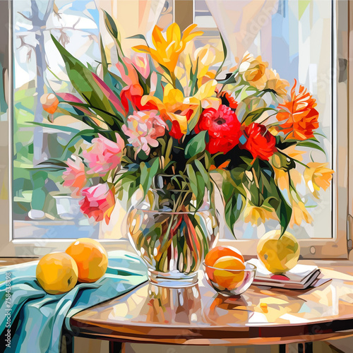 bouquet of assortment of fresh flowers comprises roses, margaret daisies, carnations, defodils, tulips, phoenix, ferns, nephrolepis ferns, with assortment of fruits created with Generative Ai