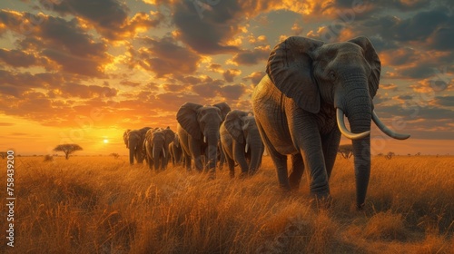 Elephants on an African plain at dusk, with the sun setting behind them, symbolizing freedom and nature. © Liana