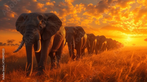 A line of elephants marching at sunset through a savanna, evoking a sense of unity and migration.
