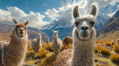 Friendly alpacas gather in the Andes, with clouds rolling over the mountain peaks behind.
