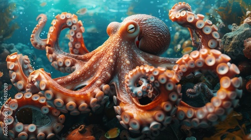 A dynamic octopus swimming in the ocean, its tentacles capturing the fluidity of sea movement. © Liana