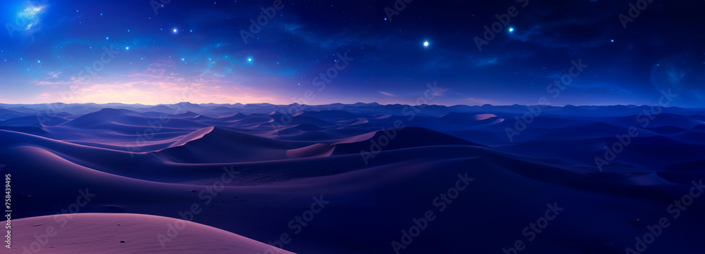 Obraz premium Undulating dunes under a cosmic sky, with stars dotting the deep blue expanse and the Milky Way's glow as a backdrop.