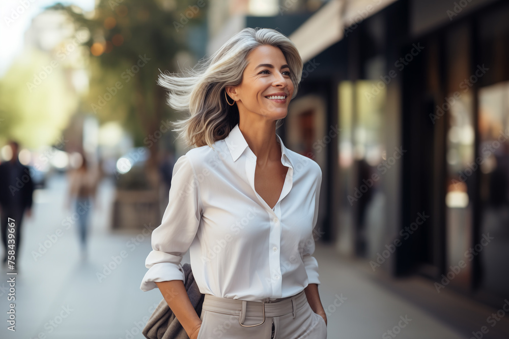 mature business woman walking on the street mature business woman walking on the street