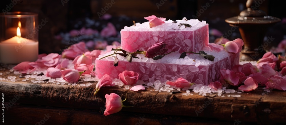 A magenta cake is placed on a wooden table adorned with pink petals and candles, creating an elegant and artistic display for a special event