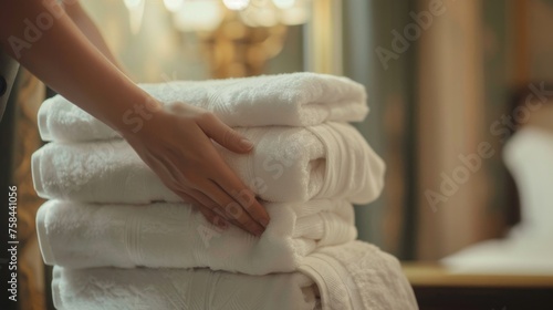 Housekeeper tidying up a hotel room