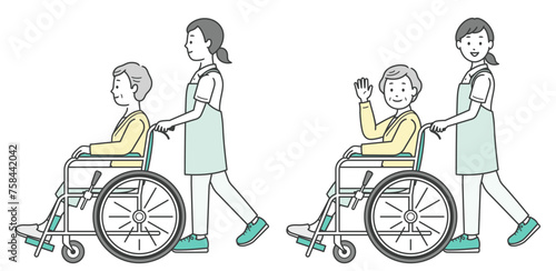 車椅子の高齢女性と介助ををする介護士イラスト

