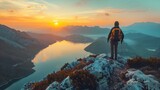 Hiker Overlooking Sunset on Mountain by Lake