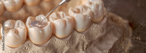 A detailed close-up of dental prosthetics, showcasing a dental tool applying material to the surface, highlighting precision in dental craftsmanship. Banner. Copy space. photo