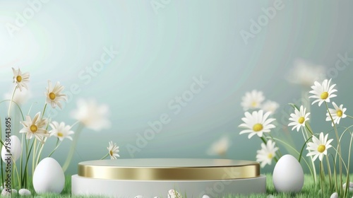 Easter podium background 3d product egg spring happy flower display scene sale gold. Background rabbit podium banner cosmetic greeting easter stage card poster platform grass nature mockup green day
