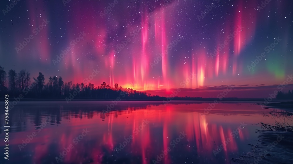 Vivid Aurora Display Reflecting on Lake at Dawn, 