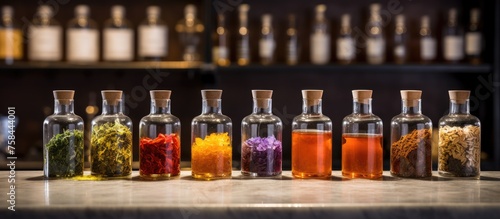 A row of glass bottles filled with various colored liquids, ranging from alcoholic beverages to flavored syrups, are neatly lined up on the counter