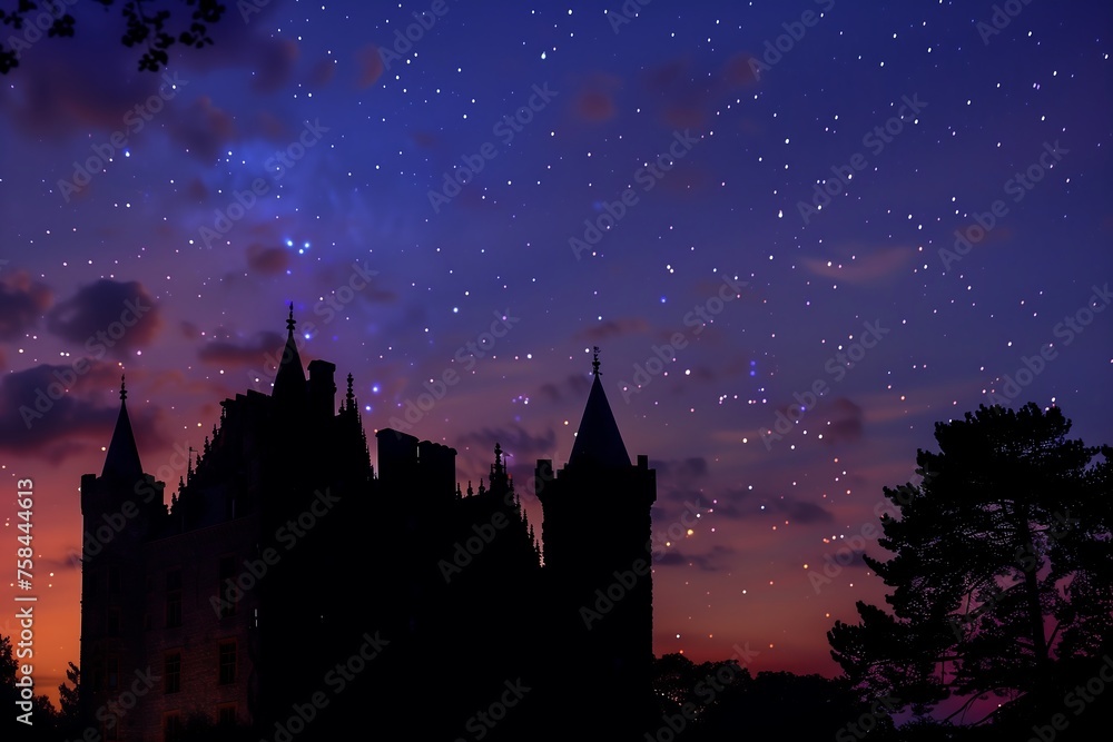 Majestic Castle Silhouette Against Starry Night Sky